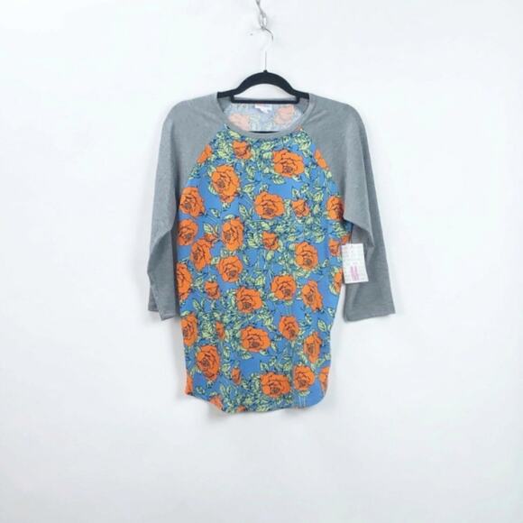 Lularoe Medium NWT Womens Randy Unicorn Gray Rose Print Baseball Tee - Picture 1 of 7